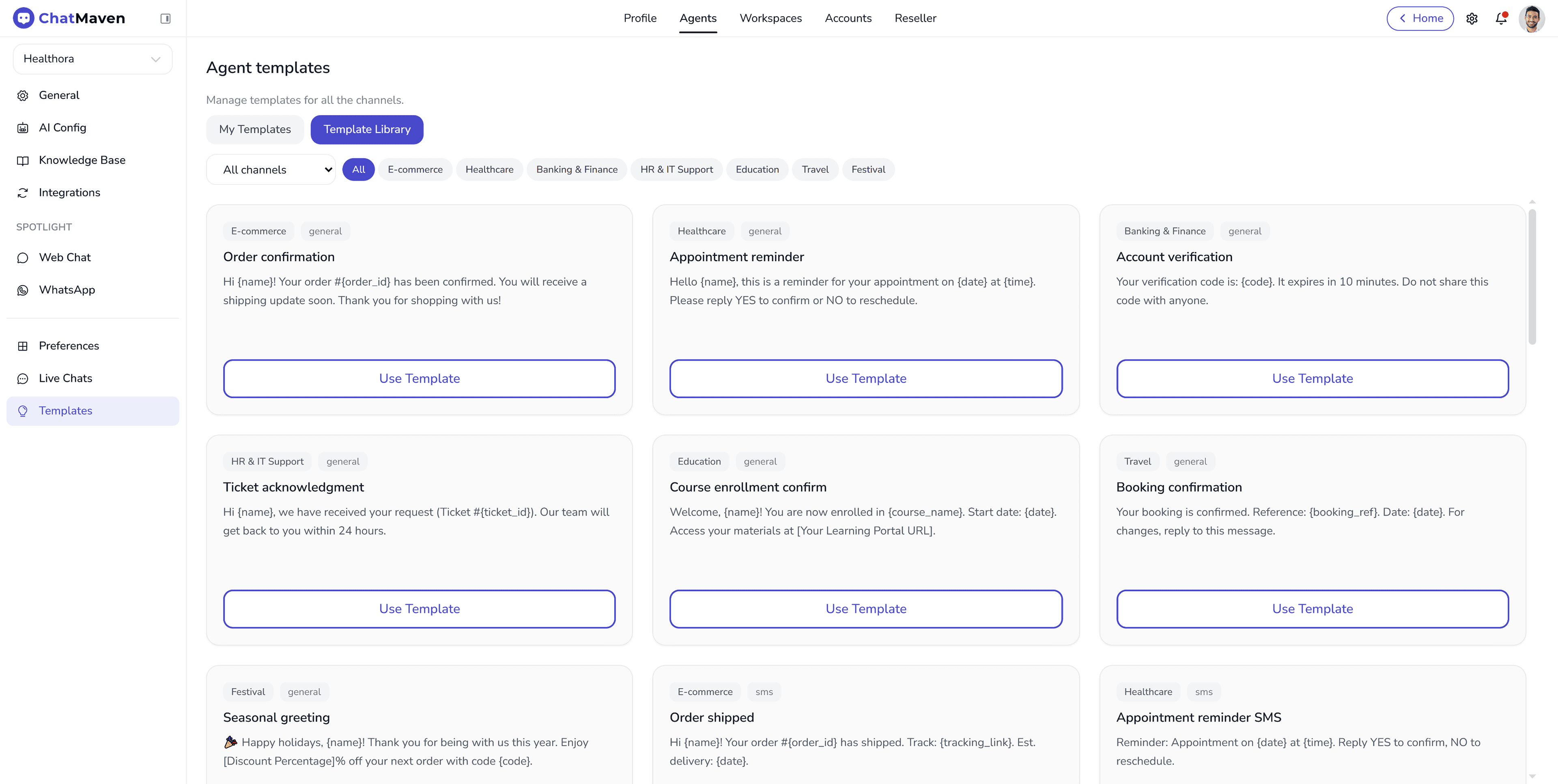 ChatMaven template library and editor preview